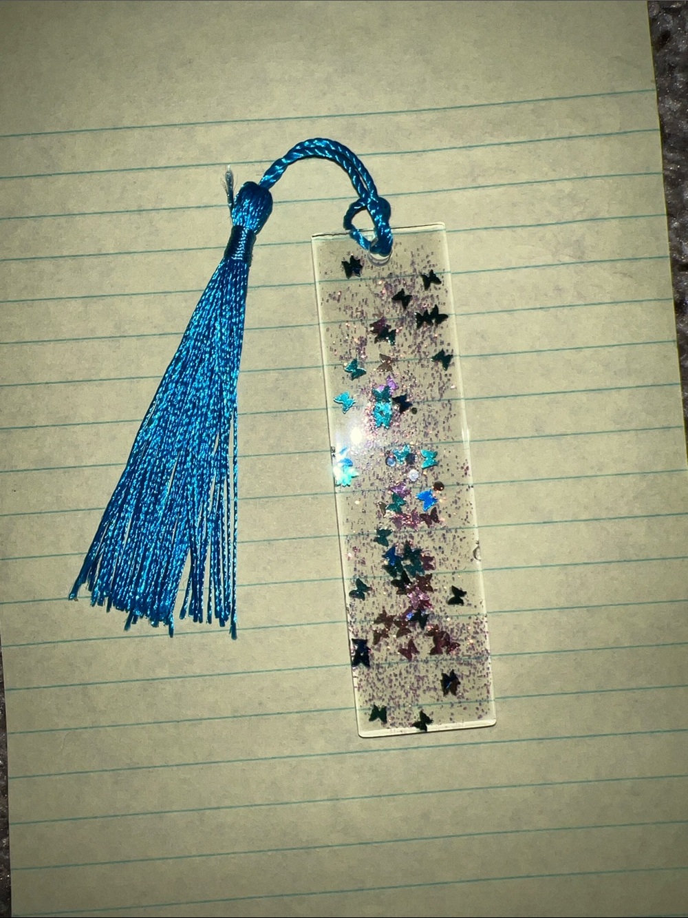 Clear Resin Blue Tassel Glitter Butterfly Bookmark
